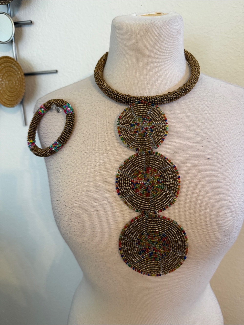 Handcrafted Multicolor Beaded Statement Necklace and Bracelet Set
